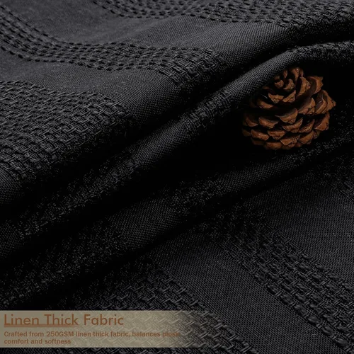 Vista 3 de OVZME Cortina de ducha bohemia negra, cortina de ducha estrecha de tela suave a rayas de lino texturizado con borla, moderna decoración de baño