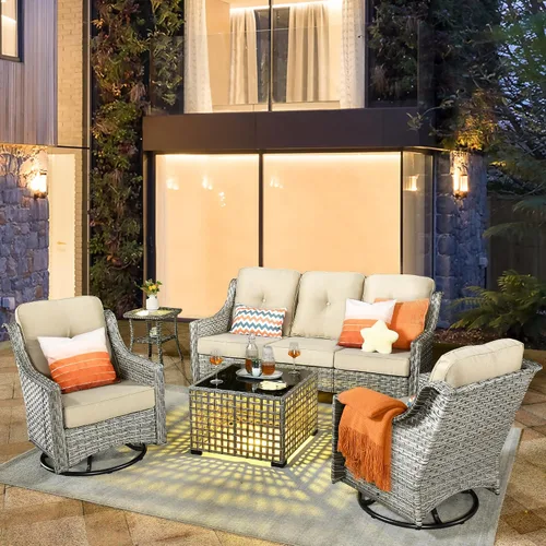 Vista 73 de HOOOWOOO Sofá de patio de 3 plazas de mimbre para exteriores, resistente a todo tipo de clima, con respaldo alto, muebles a juego (beige y bronceado)