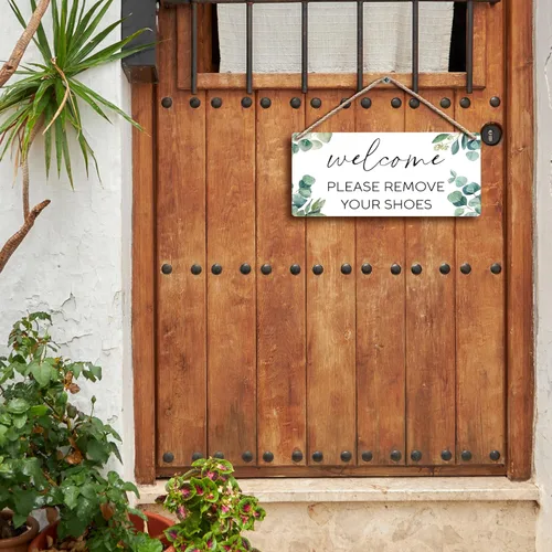 Vista 3 de Letreros colgantes de madera con texto en inglés «Welcome Please Remove Your Shoes Off» de 12 x 6 pulgadas, letrero de bienvenida «Please Take Your
