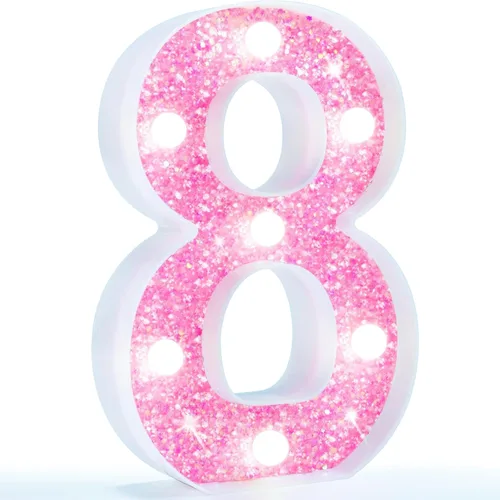Vista 33 de Pooqla Luces de números de marquesina, números de luz rosa para niñas de 10.º cumpleaños, funciona con pilas, luz nocturna de número con purpurina
