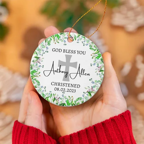 Vista 5 de Adorno de Navidad con texto en inglés "God Bless You Christened 2025", adorno de bautizo personalizado, adorno de bautizo personalizado con nombre