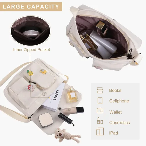 Vista 4 de Bolso cruzado de lona con pines Kawaii y colgante para mujeres y niñas, bolso bandolera casual para estudiantes
