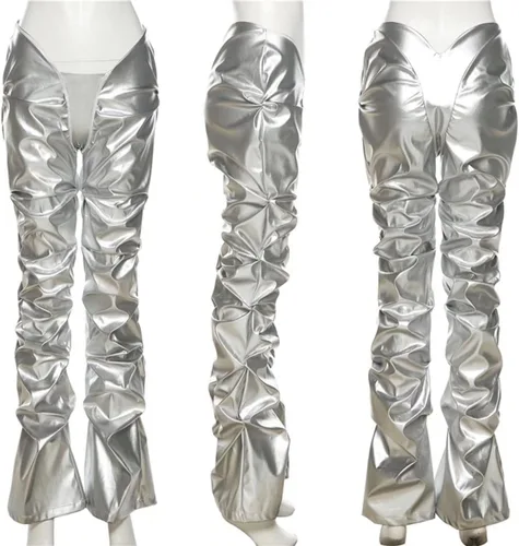 Vista 5 de LROSEY Pantalones metálicos para mujer, hipster, de piel sintética, con cintura en V, apilados, Metálico
