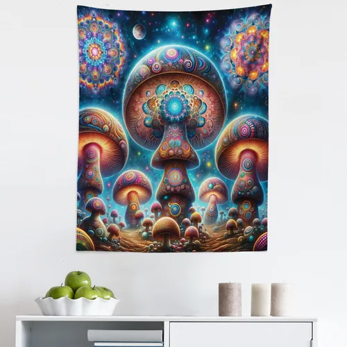 Vista 161 de Ambesonne Tapiz de hongos, atmósfera psicodélica, escena astral estrellada con motivos orientales trippy, decoración de tela para colgar en la pared