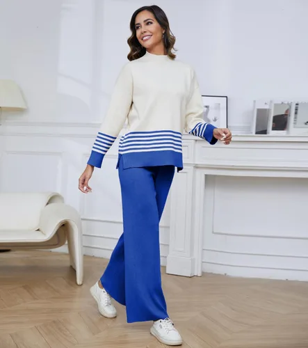 Vista 2 de ELLENWELL Casual Sweater Sets Women 2 piece Outfits Long Sleeve Striped Pullover Top Wide Leg Pants Matching Lounge Sets