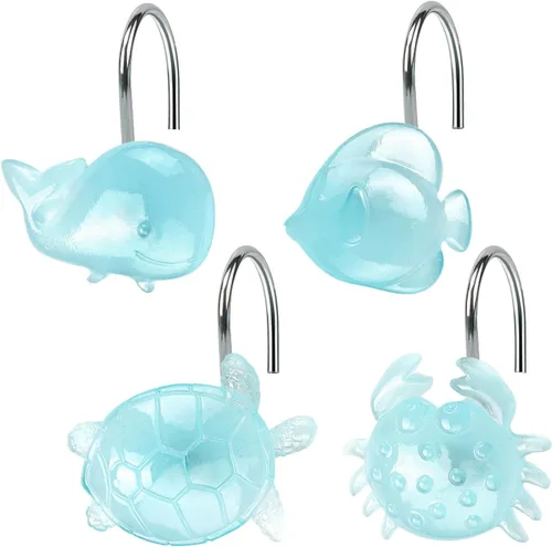 Vista 8 de Ganchos para cortina de ducha de playa, brillan en la oscuridad, estrella de mar azul creativa, conchas y caballitos de mar, temática costera junto