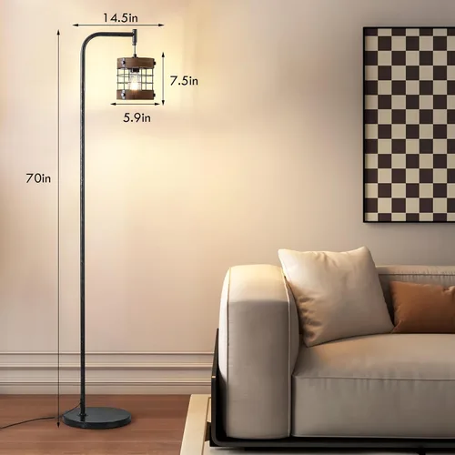 Vista 2 de Lámpara de pie industrial de 67 pulgadas con pantalla de madera y metal negro, lámpara de pie moderna, lámpara alta rústica estilo granja para sala