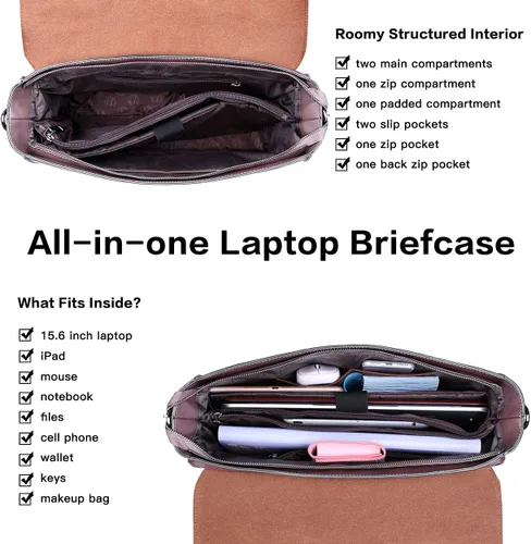 Vista 5 de Maletín para laptop de 15.6 pulgadas para mujer, piel ecológica saffiano morado vintage, 4 compartimentos grandes, 2 bolsillos deslizantes, 1