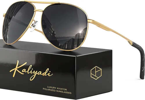 Vista 13 de KALIYADI Gafas de sol de aviador polarizadas para hombres y mujeres con A01-negro/Gris