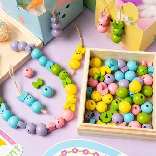 Vista 5 de Eartim Cuentas de madera de conejo de Pascua para manualidades, 121 cuentas redondas de conejo colorido con cordel rústico de granja, kit