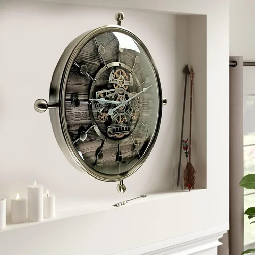 Vista 3 de THE GEARS CLOCK Reloj de pared con engranaje móvil real de 27 pulgadas, línea Luxemburgo (negro y plata, 27 pulgadas)