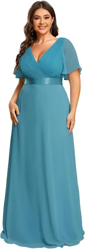 Vista 7 de Ever-Pretty Vestidos formales de noche de gasa para mujer con cuello en V de talla grande para mujeres con curvas, vestido de dama de honor de largo