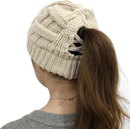 Vista 6 de DANMY Gorro de cola de caballo para mujer, gorro de moño con agujero para cola de caballo, gorro de punto cálido de invierno