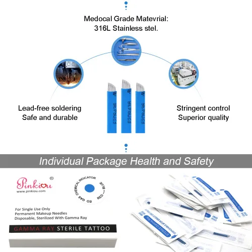 Vista 6 de Pinkiou Agujas de microblading de henna para cejas, desechables, grado médico, SUS316, 18U, hoja de microcuchilla para laminación de cejas
