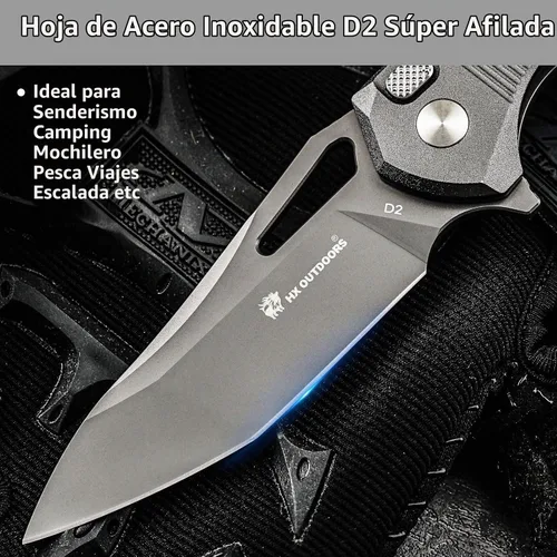Vista 3 de HX OUTDOORS Cuchillo plegable de bolsillo con clip de bloqueo, cuchillo EDC plegable de camping premium de acero D2 con mango de aleación