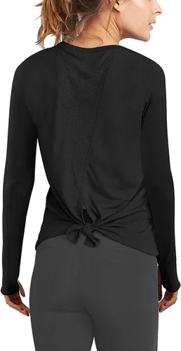 Vista 7 de Mippo Camisas de entrenamiento de manga larga para mujer, camisetas de yoga con espalda abierta, para correr, ropa atlética Rojo vino
