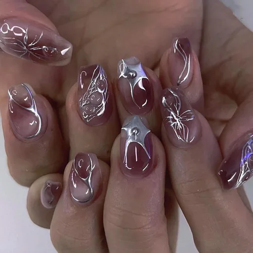 Vista 21 de MISUD Uñas a presión – Uñas con pegamento de almendras medianas con cromo, diseño de punta francesa acrílica, 24 piezas