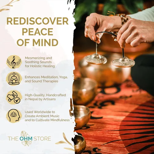Vista 2 de Ohm Store Campanas tibetanas de mantra tingsha con estuche azul, accesorio de meditación hecho a mano para atención plena, yoga y sanación de sonido
