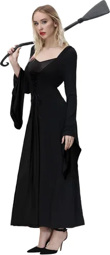 Vista 3 de NANAMEEI Disfraz de bata con capucha para mujer, vestido largo con bloques de color, vestidos de Halloween para cosplay