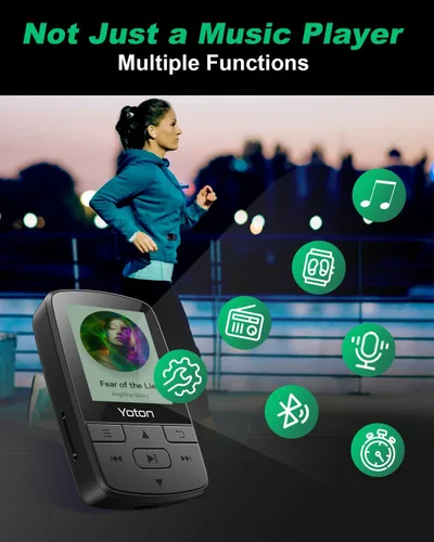 Vista 4 de Yoton Reproductor de MP3 con Bluetooth 5.2, 64GB, música HiFi, con clip deportivo y botón de volumen independiente, radio FM, auriculares incluidos