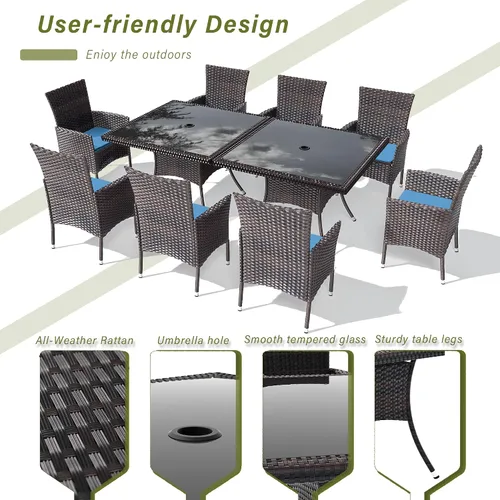 Vista 2 de Juego de 10 piezas de comedor para patio al aire libre, mesa de patio y sillas de ratán con agujero para paraguas, juego de mesa de comedor para 8