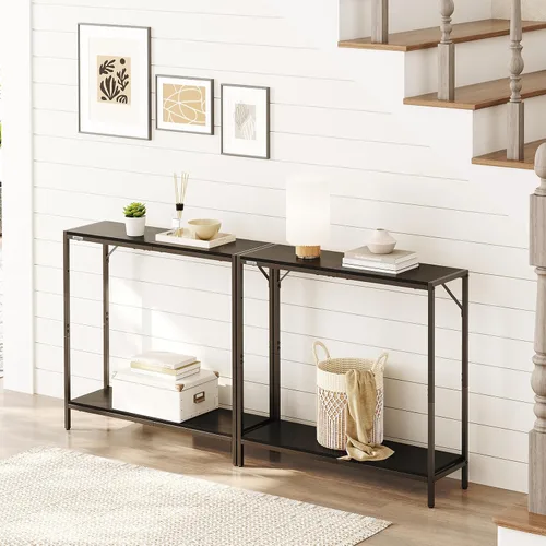 Vista 5 de MAHANCRIS Mesa consola, mesa de entrada de 2 niveles, detrás de la mesa del sofá, estilo industrial, resistente y estable, para sala de estar