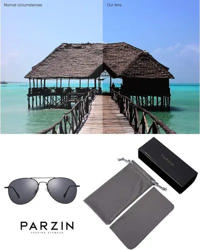Vista 4 de PARZIN Gafas de sol planas de aviador con lente de espejo con protección UV400 sombras oscuras