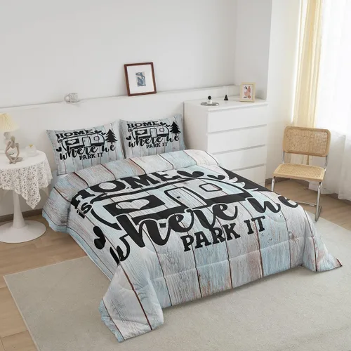 Vista 4 de Juego de edredón rústico de estilo granja para cama Queen, juego de cama divertido donde estacionamos, con 2 fundas de almohada, explore regalos