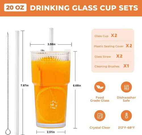 Vista 2 de Paquete de 2 tazas de vidrio de 20 onzas con tapas y pajitas, tazas de café helado, cristalería acanalada vintage para cerveza, café helado, jugo