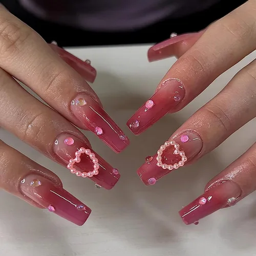 Vista 7 de Uñas postizas a presión de ballet negras, uñas postizas largas cuadradas con punta francesa, uñas postizas con lazo rosa con diseños de perlas