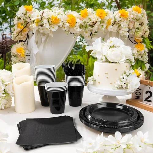 Vista 3 de MirthMood - 350 platos desechables negros, platos negros, suministros de plástico para fiestas, incluye 50 platos llanos, 50 platos de ensalada, 50