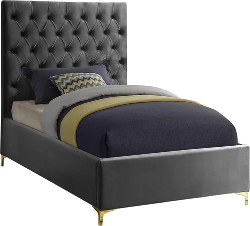 Vista 9 de Meridian Furniture Colección moderna Cruz Cama tapizada de terciopelo contemporánea con acolchonamiento de botones profundos y juegos completos