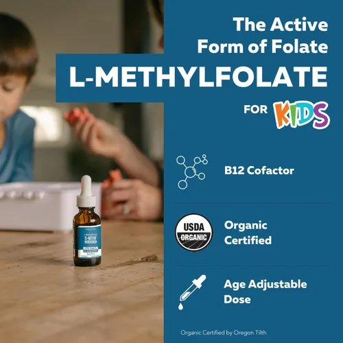 Vista 2 de Organic Kids L-metilfolato + metil B12 Cofactor - MTHFR forma sublingual - 5-MTHF, forma superior de folato - dosificación ajustable para todas