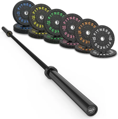 Vista 22 de Olympic Barbell Set, 2-Inch Bumper Plates with Weight Plate Rack Colored Crumb Rubber Weight Plates for Weight Lifting & Strength Training, 90–530