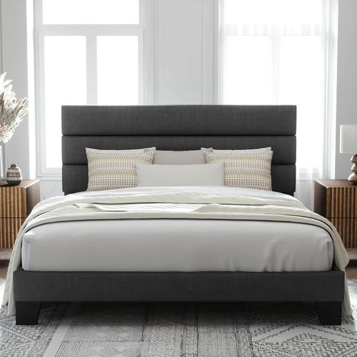 Vista 24 de Allewie Base de cama de plataforma de tamaño individual con cabecera tapizada de tela y soporte de listones de madera, base de colchón totalmente