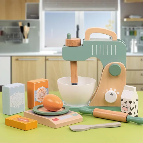 Vista 3 de Juego de juguetes de licuadora de madera para niños, juguete mezclador de galletas para hornear, accesorios de cocina Montessori para niñas y niños