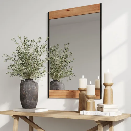 Vista 5 de Barnyard Designs Espejo de pared de madera estilo casa de campo de 24 x 36 pulgadas, espejo moderno con marco de metal rústico y madera para tocador