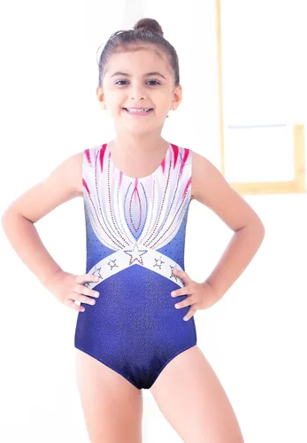 Vista 2 de Leotardo para gimnasia artística, deportivo, brillante, con bandera de Estados Unidos, rojo, blanco y azul para niña