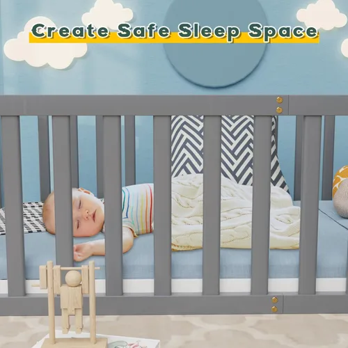 Vista 5 de Zevemomo Cama de suelo tamaño individual para niños y niños, cama de piso Montessori individual con barandillas de seguridad y puerta, cama de piso