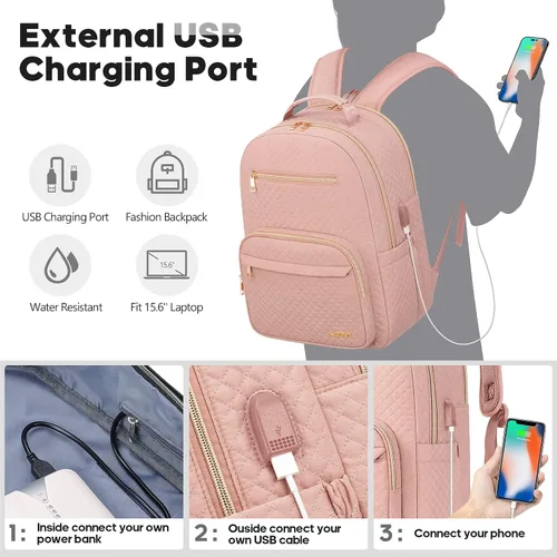 Vista 3 de mochila para laptop para mujer, Rosado, Casual