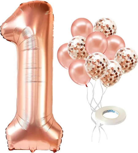 Vista 2 de Globo de oro rosa con el número 5 para cumpleaños con el globo de oro rosa del número 5 de 40 pulgadas, un globo para globos de primer cumpleaños