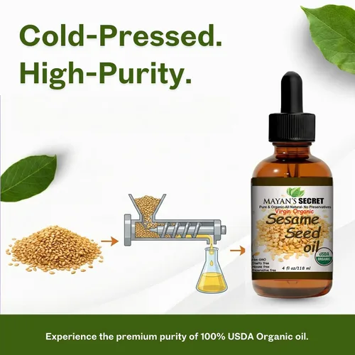Vista 4 de Mayan's Secret Aceite de sésamo orgánico, prensado en frío, sin refinar, sin hexano y aceite de semilla de sésamo orgánico para piel, cuerpo, cara
