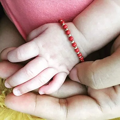 Vista 2 de Cuentas de lujo rellenas de oro de 14 quilates con perlas de imitación europeas de coral rojo elegante pulsera de regalo BCR