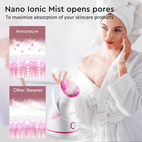 Vista 3 de Amconsure Vaporizador facial – vaporizador facial nano iónico, vaporizador de niebla cálida para sauna en el hogar, spa, humidificador para vapor