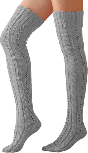 Vista 3 de YELAIVP Calcetines altos hasta el muslo de punto trenzado para mujer, botas extra largas por encima de la rodilla, calentadores de piernas