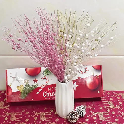 Vista 4 de Losris Decoración de tallos de bayas artificiales con purpurina para Navidad, palitos decorativos de cuentas, picks de Navidad, ramitas y ramas