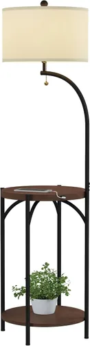 Vista 6 de Lámpara de pie con mesa auxiliar, estantes laterales rústicos modernos con puerto de carga USB, bombilla LED y pantalla en forma de tambor, luces