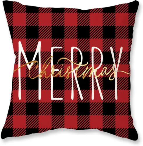 Vista 12 de ONWAY Funda de almohada de Navidad de 16 x 16 pulgadas, funda de almohada lumbar con texto en inglés "Merry Christmas", color rojo dorado
