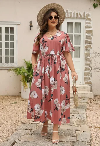 Vista 4 de Nemidor NEM420 - Vestido largo acampanado para mujer, talla grande, estampado floral, estilo bohemio, con bolsillo