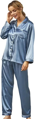 Vista 4 de Conjunto de pijama de seda para mujer, conjunto de pijama de manga larga de dos piezas, conjunto de pijama con botones, ropa de dormir